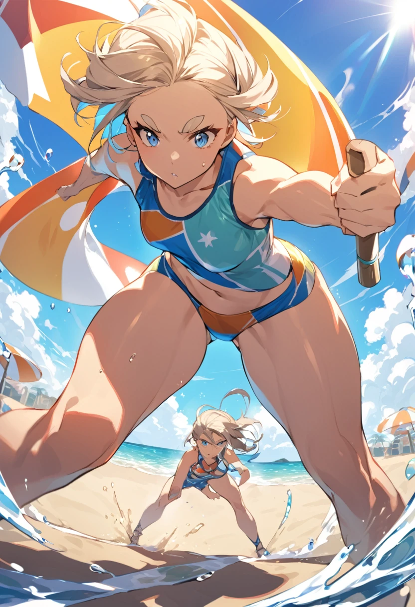 A lively illustration of a boyish girl participating in beach flag. She is wearing a vibrant, colorful swimsuit that highlights her athletic physique. Her thick eyebrows accentuate her face, which displays a bold and challenging expression, reflecting her competitive and spirited nature. The scene captures her in action on a sunny beach, with sand and a bright blue sky in the background. Her confident stance and energetic demeanor convey determination and fun, embodying the essence of a spirited beach activity.