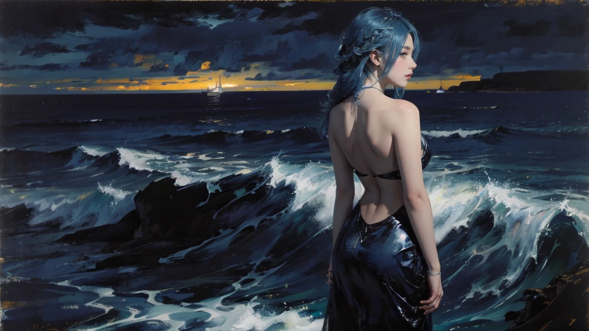 night,Oil painting style,The back of a girl,Blue Hair,ocean,dark,lighthouse