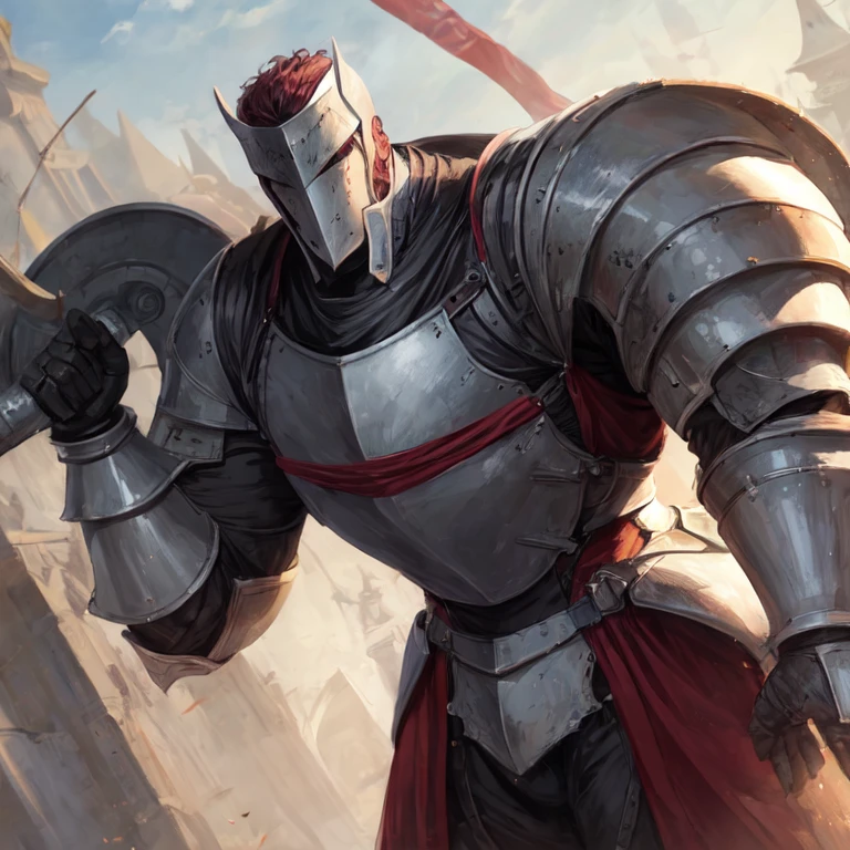 A tall and strong man in knight&#39;s armor with black-brown hair and blue eyes against the background of a knight&#39;s camp high quality