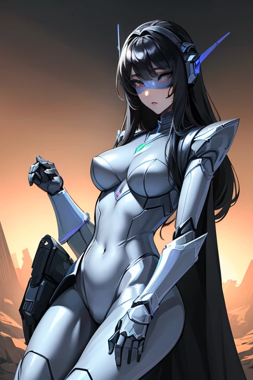 empty eyes,robotization,woman ,big bust,Robot Joint ,Metal skin,Black Suit,long hair,a black suit that covers the whole body,robot legs,robot arm,robot suit,robot face