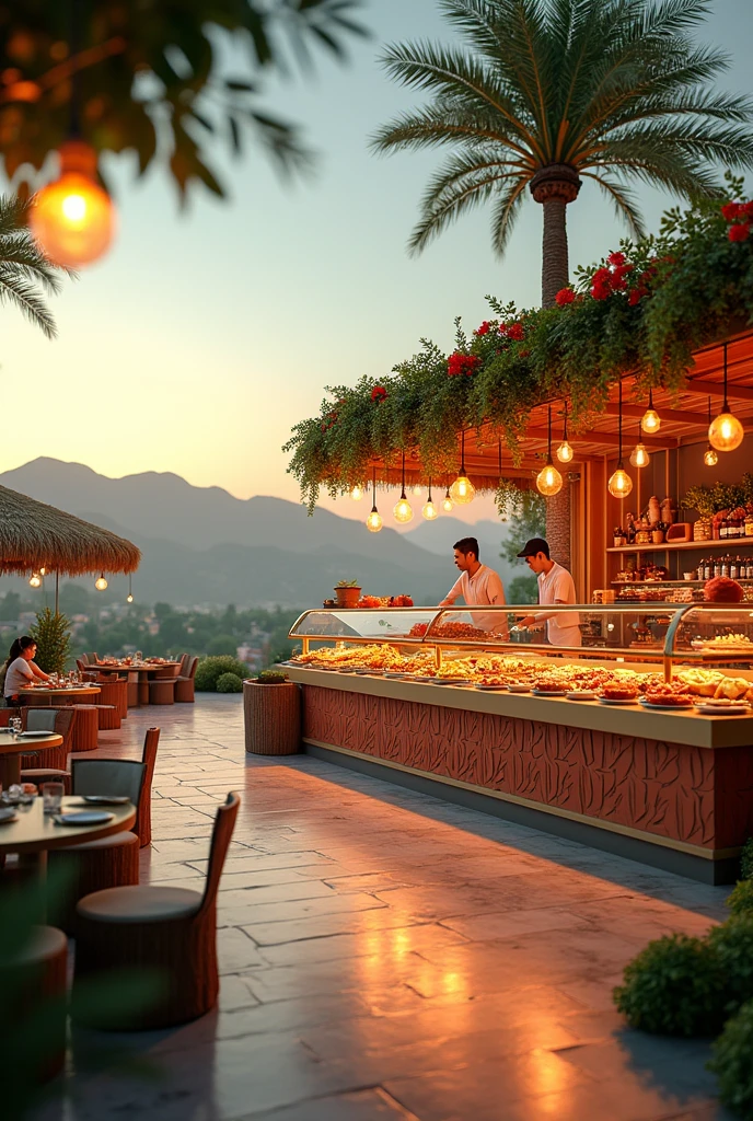 dancing background , live food counter of desert , counter of live foods of momo, pasta, green resort background