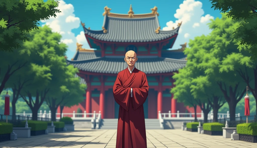 Chinese bald monk desciple, concerned, standing, in anime style, beautiful scenario, temple's, trees, wisdom full,