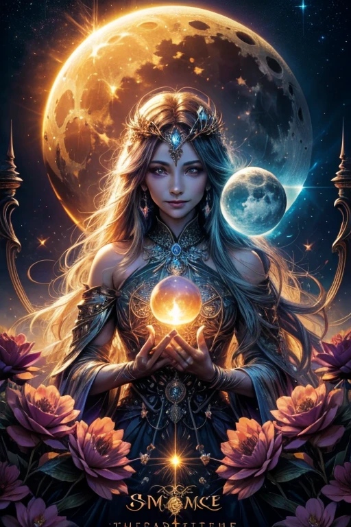 Orb of magician circle around the orb, hand, butterfly, creepy smile, sparkle sky, shining, flowers, sun and moon, dark of fantastic and cosmological with universal. Amazing view very bright and warm starry. Detail, HD, Enchanted. Multiple colours.
