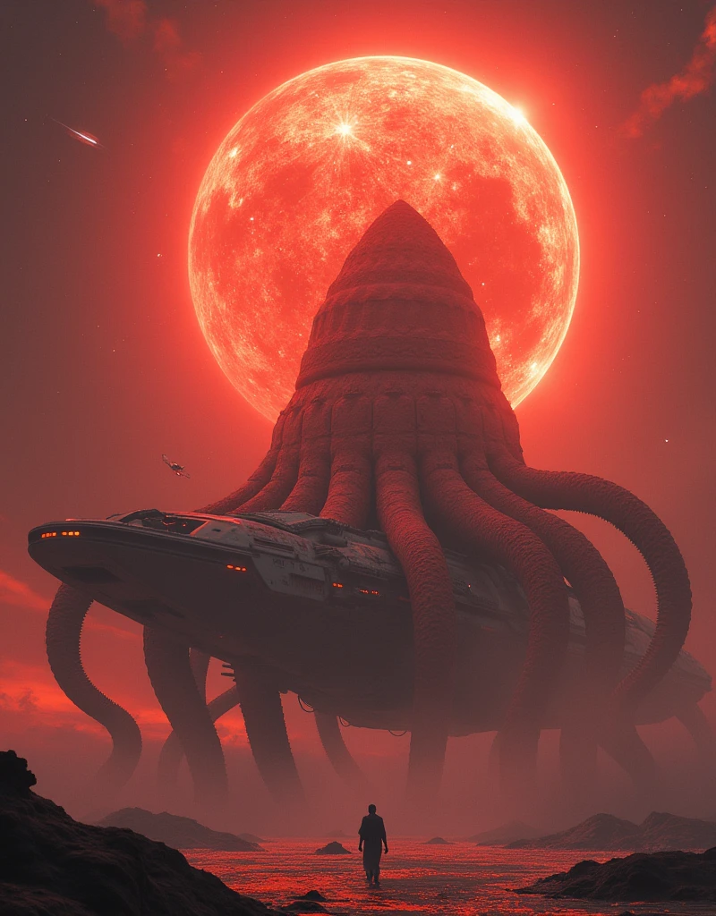 Realistic Red Giant Monstar Of Limbo ride his gigantic space vessel a fusion of starshil and space octopus with subtle faint nebula in background, fantasy art, hyper realistic, unreal emgine 5