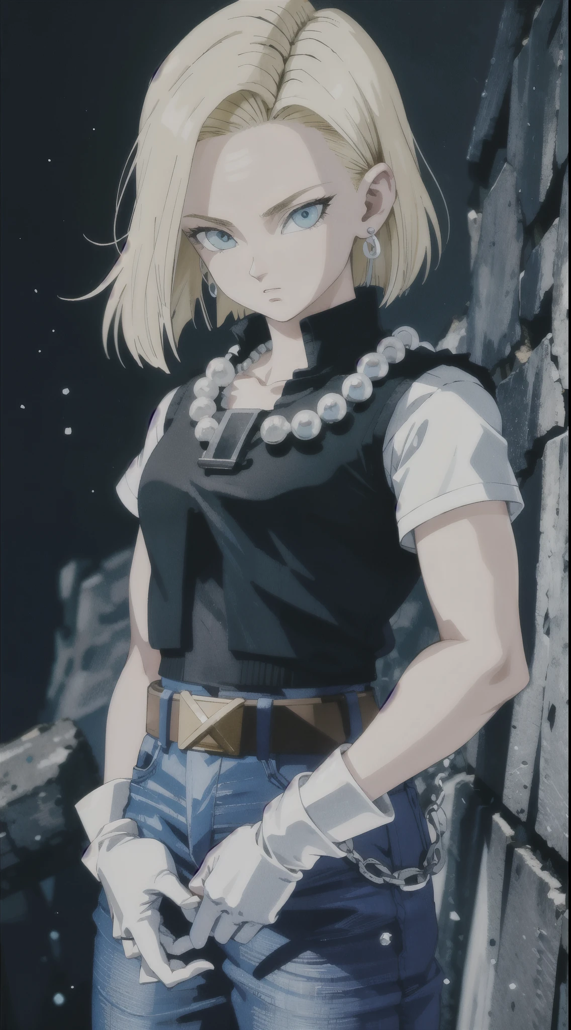 highest quality, High resolution, And 18, One girl, Android 18, alone, Blonde Hair, blue eyes, belt, jeans, Pearl_necklace, bracelet, Black gloves, White shirt, short hair, Short sleeve, Earrings, Blue pants, Open Vest, Black vest, , (Dark Background:1.3),Expressionless, (((With her right hand she is pushing her hair behind her ear.)))), (((The left hand is down))))