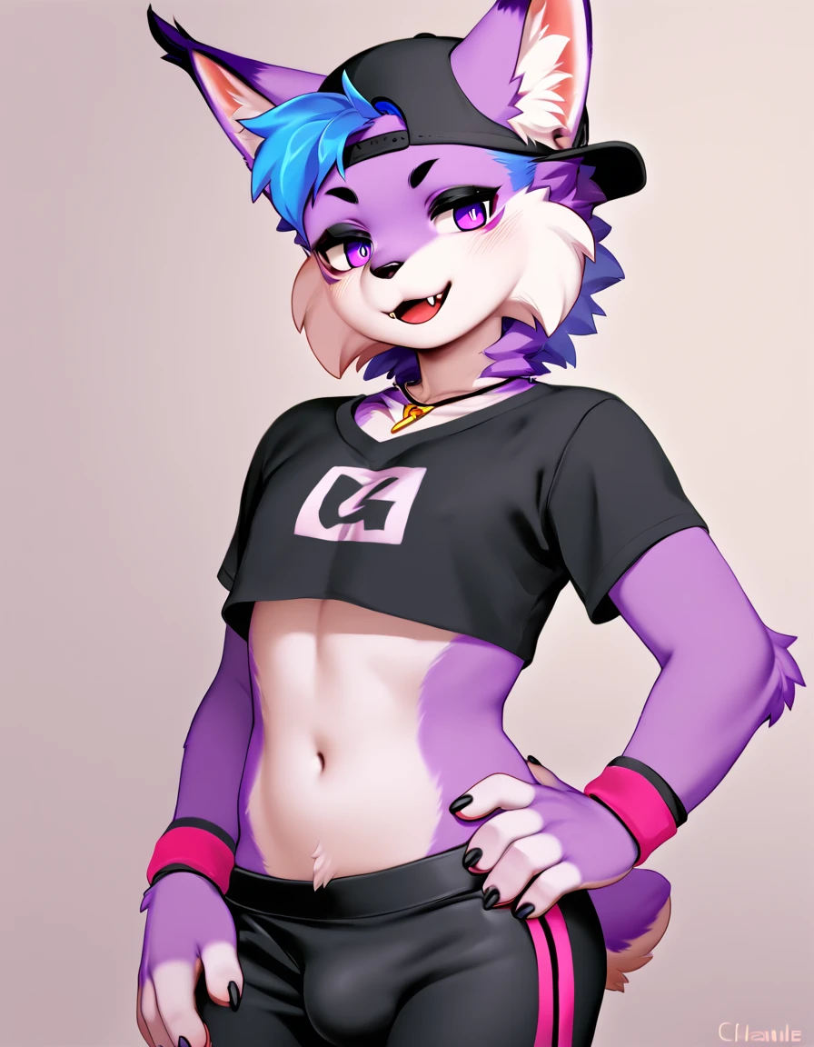 score_9,score_8_up,score_7_up,score_6_up,score_5_up,score_4_up, Lynx, purple fur, purple eyes, anthro, blue hair, purple hair, eyeliner, eyelashes, black eyeshadow, furry art, cheeks tuft, shoulder tuft, male focus, femboy, fingerless gloves, cute fangs, kemono, shota, fluffy neck, icon portrait, claws, black nails, navel, showing teeth, nipples, 3d, blender software, crop top, cap, medium hair, necklace, 5 fingers, tight clothing, slut written on clothes, arms on hips, black clothes, by chunie, by nextel, penis,