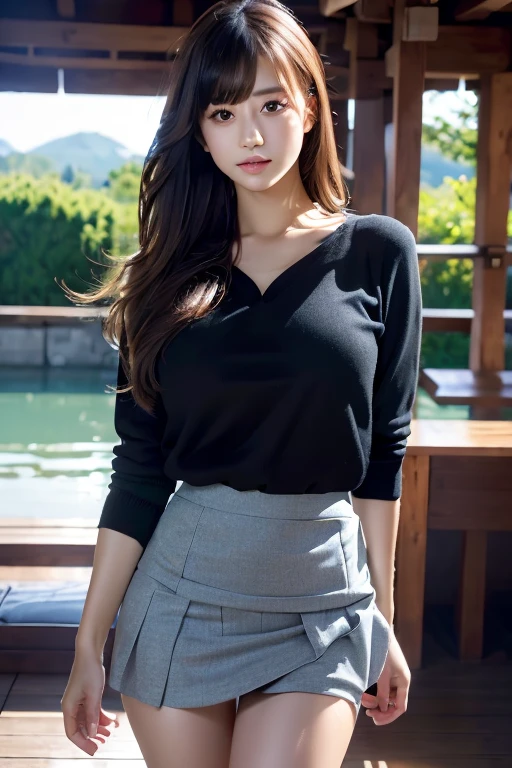 ((software: 1.4)), ((Detailed face, Professional photography)), (( camisole, mini skirt, Beautiful Eyes, 1 person)), Ultra-high resolution, (Realistic: 1.4), RAW Photos, Highest quality, (PhotoRealistic Stick), concentrated, Soft Light, ((Are standing,whole body,Beautiful feet)), ((Japanese)), (((Young Face))),1, (surface), (Depth of written boundary), masterpiece, (Realistic), woman, bangs, ((1 person))
