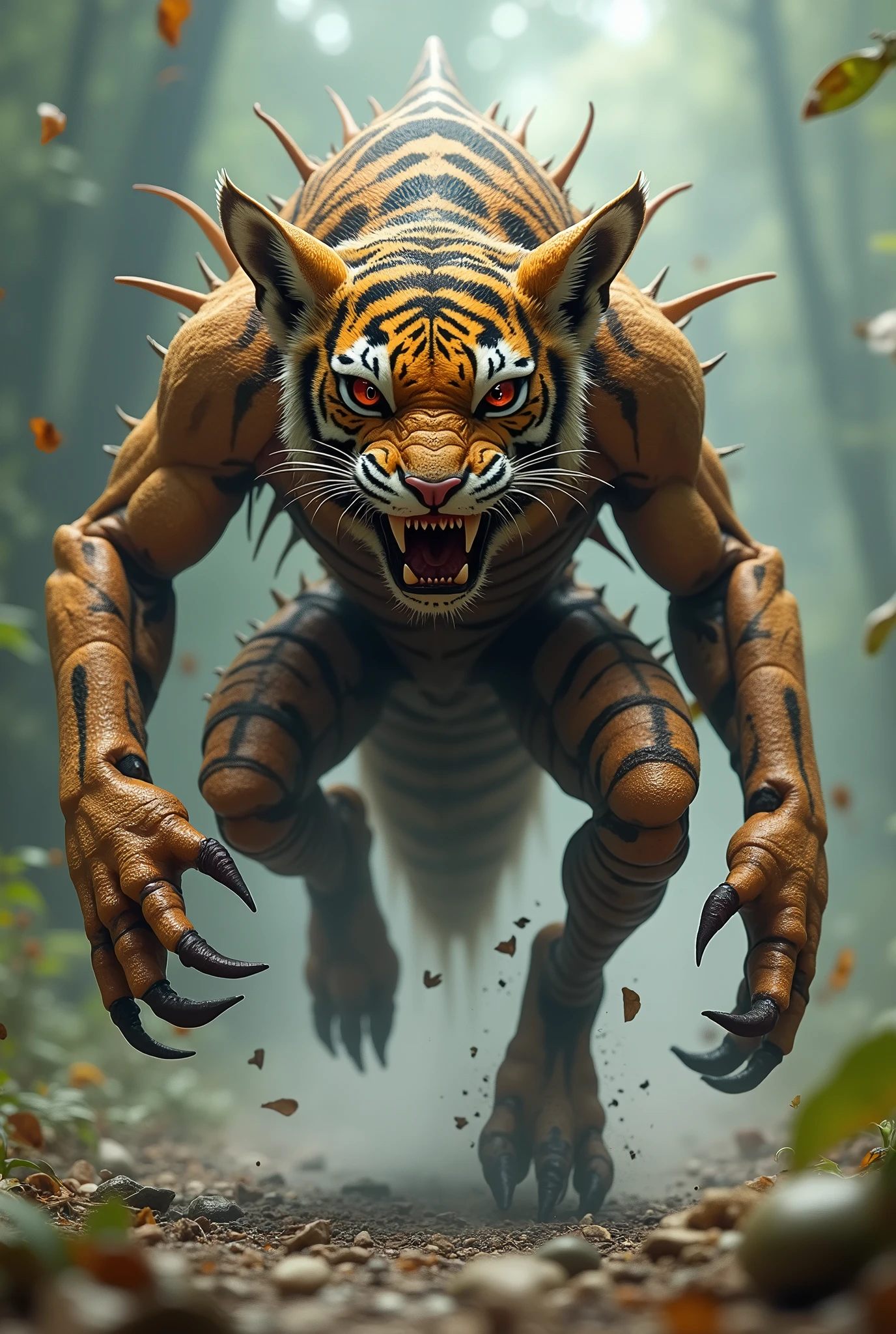 Picture a bizarre and terrifying creature that is a fusion of a grasshopper and a tiger—a monstrous hybrid with the muscular build of a tiger, yet possessing the powerful, spring-loaded legs of a grasshopper. Its body is covered in sleek fur and jagged exoskeleton plates, giving it both flexibility and protection. This beast can leap great distances with incredible speed, its eyes gleaming with predatory focus. With every bound, its claws extend, ready to strike with lightning-fast precision. A horrifying blend of brute strength and agility, this creature is a nightmare in motion, moving with both the grace of a predator and the relentless energy of an insect.