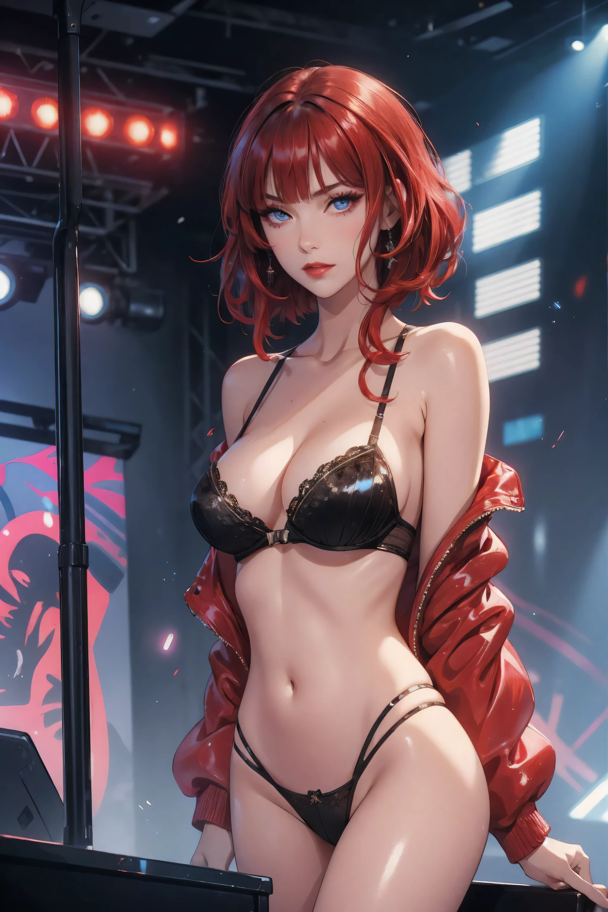 1girl,a beautiful fashion model ,(masterpiece, detailed background, best quality),short and shiny hair, red hair, hair with highlights, bangs, smirk,juicy lips,red lips, calmart, lingerie, stripping, elegant makeup, blue eyes, full body shot, (shiny skin), cyberpunk, sci fi, boa, extravagant jewelry, cocky expression, covered in jewelry, fancy, , bra, thong, stripping, cyberpunk club, stripper pole, ((on stage, audience))