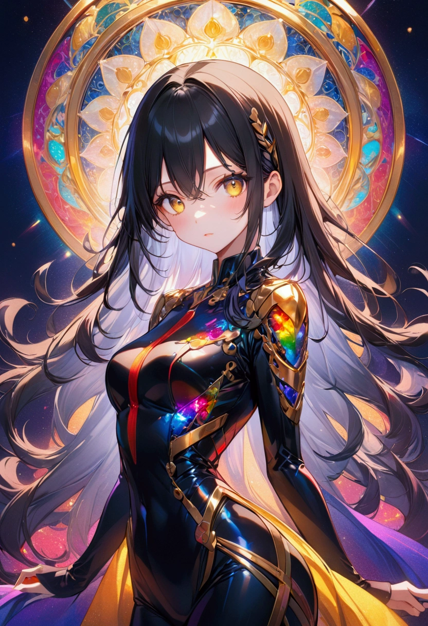 Anime girl with long straight black hair with white highlights, golden eyes,agent clothes, detailed body, detailed eyes, masterpiece, best quality, aesthetic, standard pose, 8k, high resolution, ultra-sharp. 