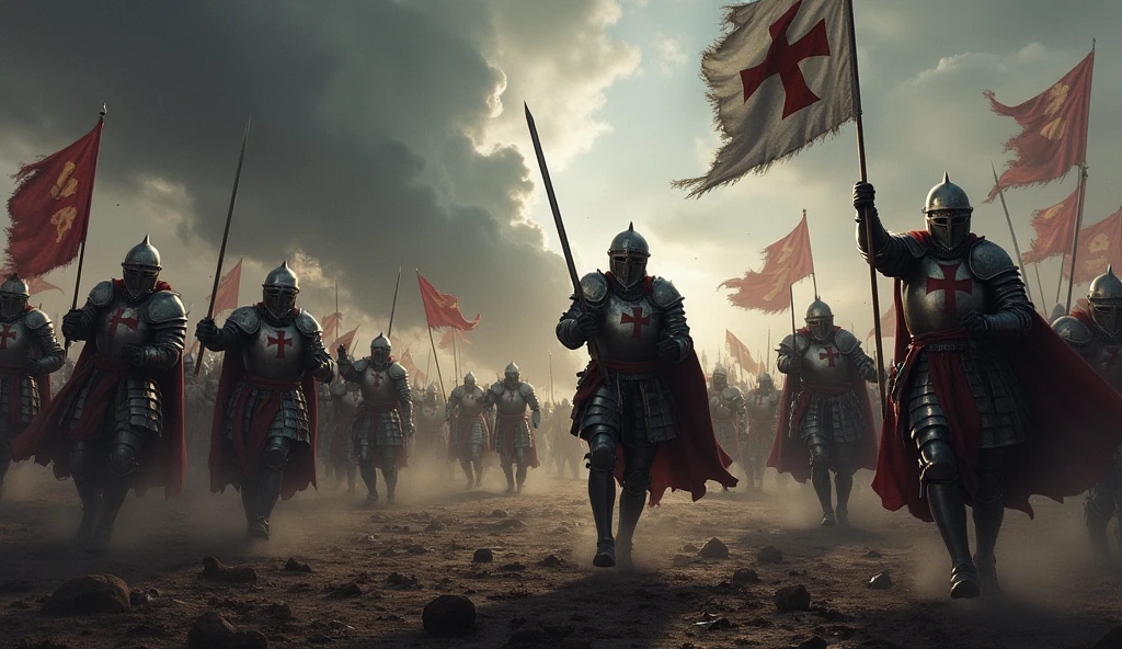 A fierce battle scene with Templar knights charging towards the enemy on a vast battlefield. The sky is dark with storm clouds, and the ground is littered with debris from the battle. The knights are shown in action, their swords raised, banners flying, and the iconic red cross visible on their armor