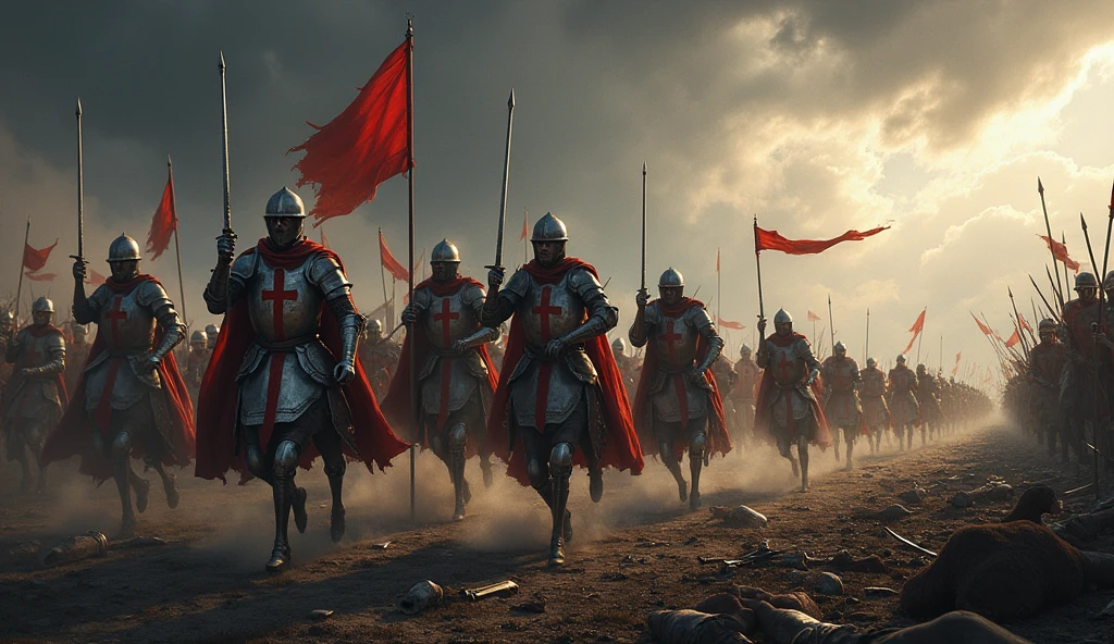 A fierce battle scene with Templar knights charging towards the enemy on a vast battlefield. The sky is dark with storm clouds, and the ground is littered with debris from the battle. The knights are shown in action, their swords raised, banners flying, and the iconic red cross visible on their armor