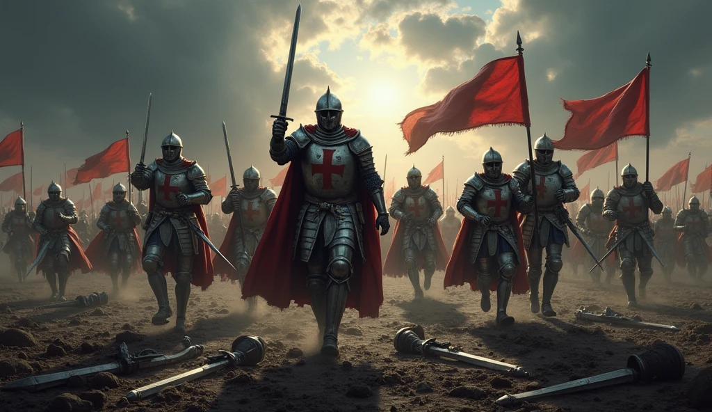 A fierce battle scene with Templar knights charging towards the enemy on a vast battlefield. The sky is dark with storm clouds, and the ground is littered with debris from the battle. The knights are shown in action, their swords raised, banners flying, and the iconic red cross visible on their armor