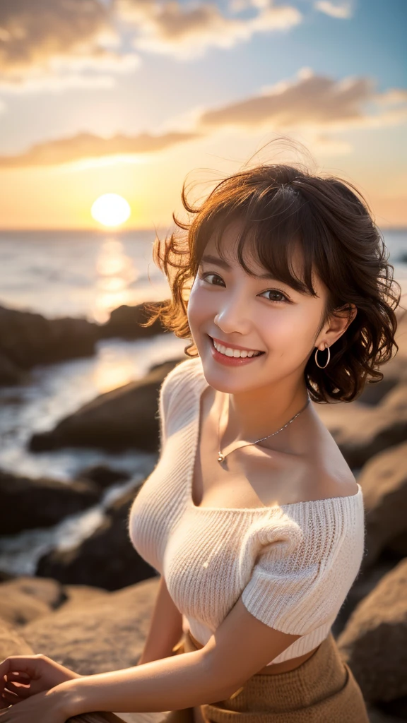 (Highest quality,masterpiece:1.3,Ultra-high resolution),(Very detailed,Caustics,8k),(Realistic:1.4,RAW shooting),1,cute,Japanese,Short brown hair that curls outwards,(Beige summer knitwear),(smile),Look up at the camera、(Brown short skirt),blue sky,sun,Backlight,(coastline),(sunset、sunset:1.1),,(Photographed from the waist up),(Face Focus),(Face close-up),(High Situation:1.3),(High Angle:1.3),Natural light 、Embarrassed smile、Parted bangs、Big Breasts、With small earrings、Silver Necklace、((Big Breasts))、Embarrassed smile、