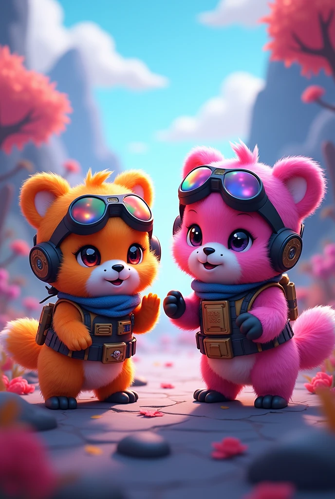 Image of two furry creatures ,colorful and cute playing free fire with helmet and vest