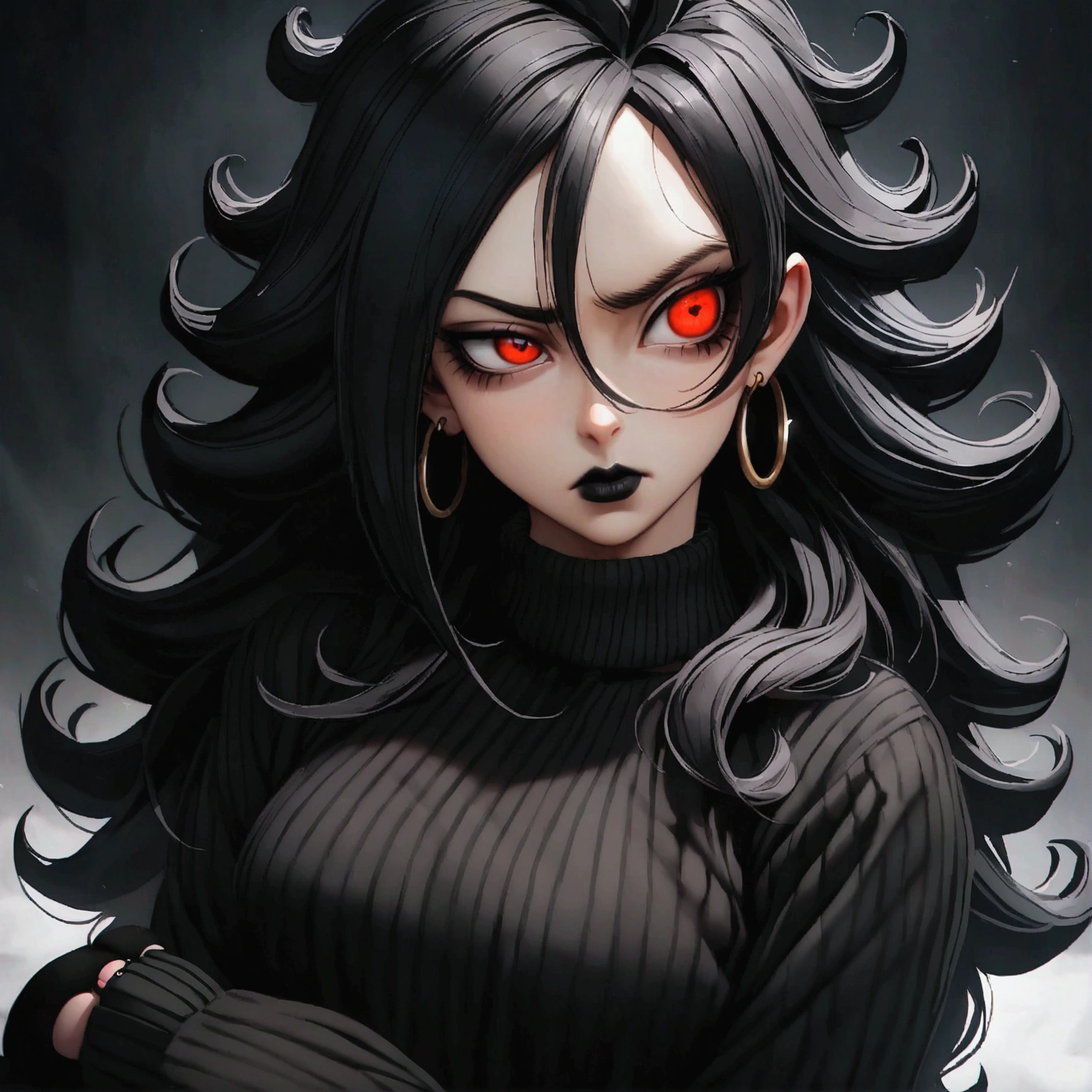 Android 21 from dragonball, black hair, long hair, curly hair, red eyes, hoop earrings, goth girl, bored eyes, black lipstick, black eyeshadows, black pyjamas, raised eyebrow, slippers, tall, black pyjama sweater