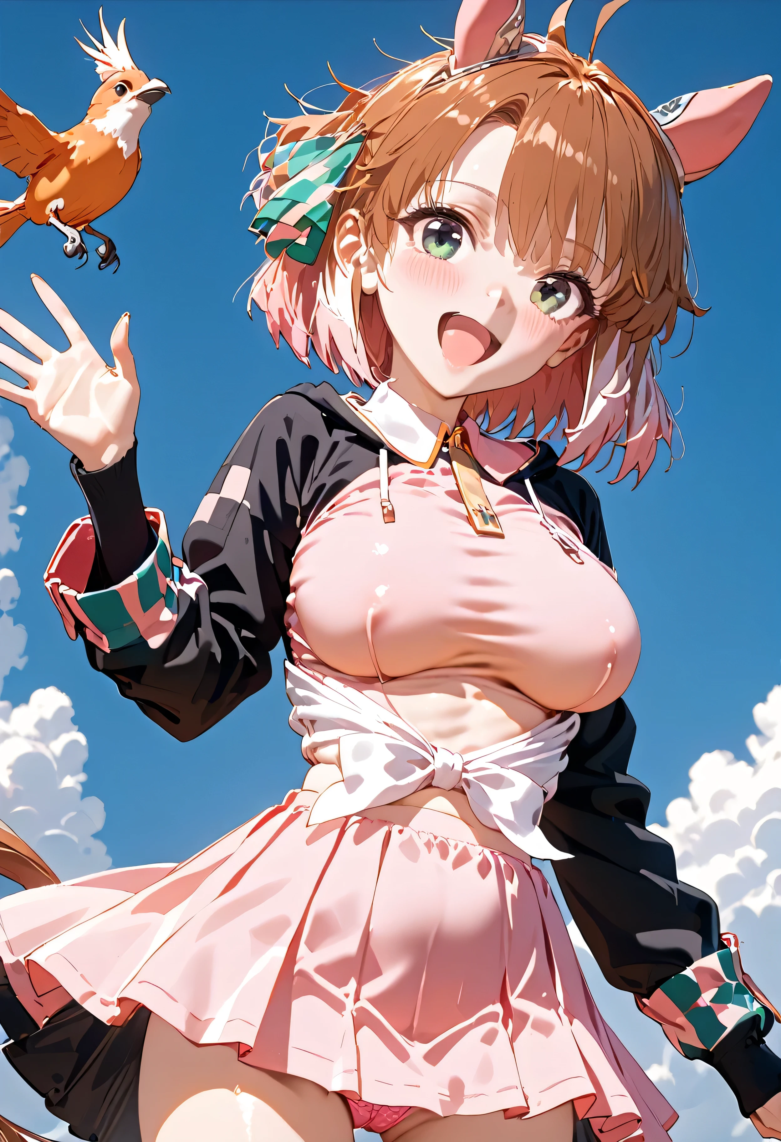 1girl,dantsu_flame\(umamusume\),horse tail,horse ears,pink clothes,mini skirt,front view,from below,looking at viewer,surprised, embarrassed,open mouth,(((floating hair))),wind lift,pink latex panties shot,blue sky,bird,outdoor,smile,waving,shiny skin, shiny,nsfw,ai-generated,,beautiful eyes,masterpiece,best quality,highres,4k,8k,art by Sincos,Cute,Anime,Artist by sincos