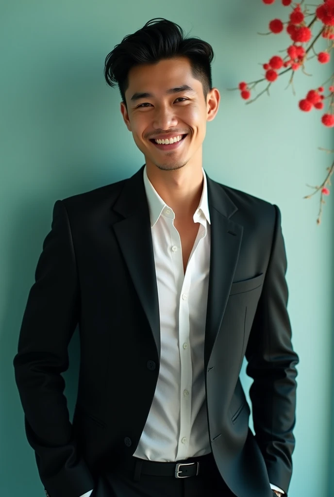 A young Man With Dark hair and a confident smile He is Dressed in a black blazer over a white shirt The man is positioned against aqua colour backdrop with a subtle red l