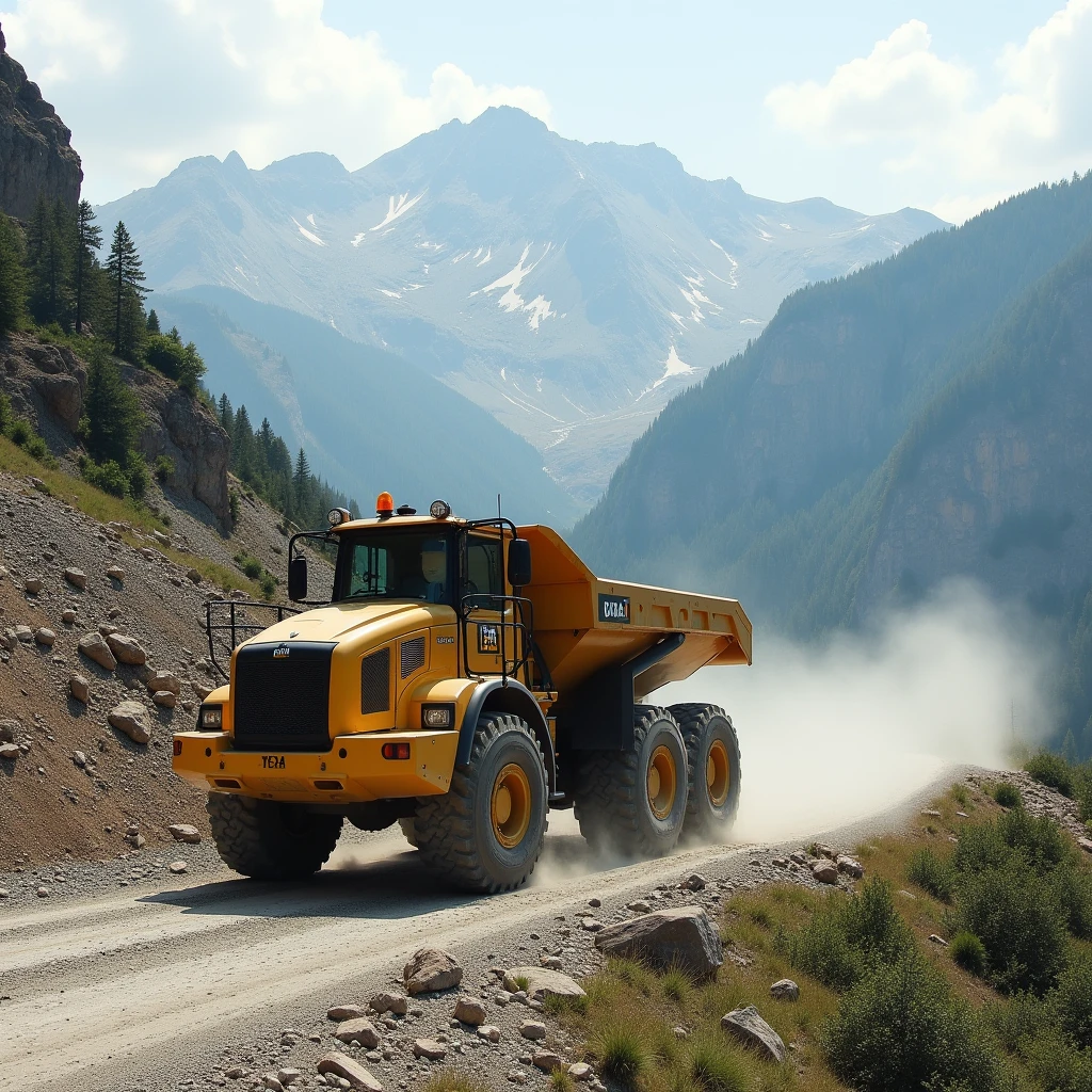 A mountainous landscape with rocks and trees in the distance, and in the foreground a vola-type wheel loader climbs a rough mountain road, raising clouds of dust in its wake.