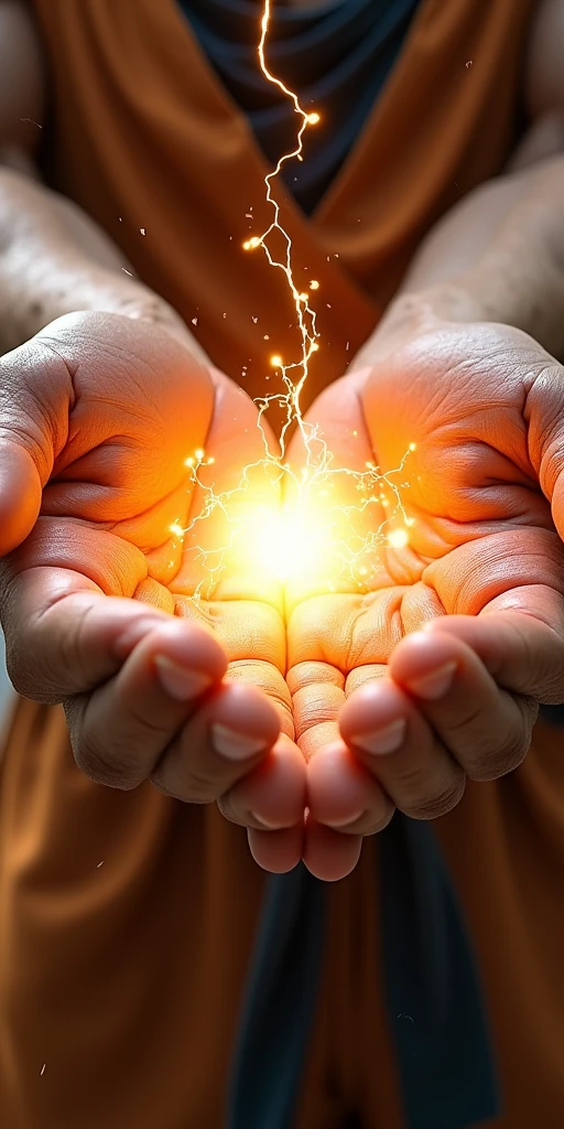 very super close-up image of the hands of Son Goku\(Dragon Ball\(manga\), muscular,shouting,angry\) ,pose of Kamehameha, shooting a beam from hands,realistic art style, generate only hands, screenshot of the action movie,focus on hands