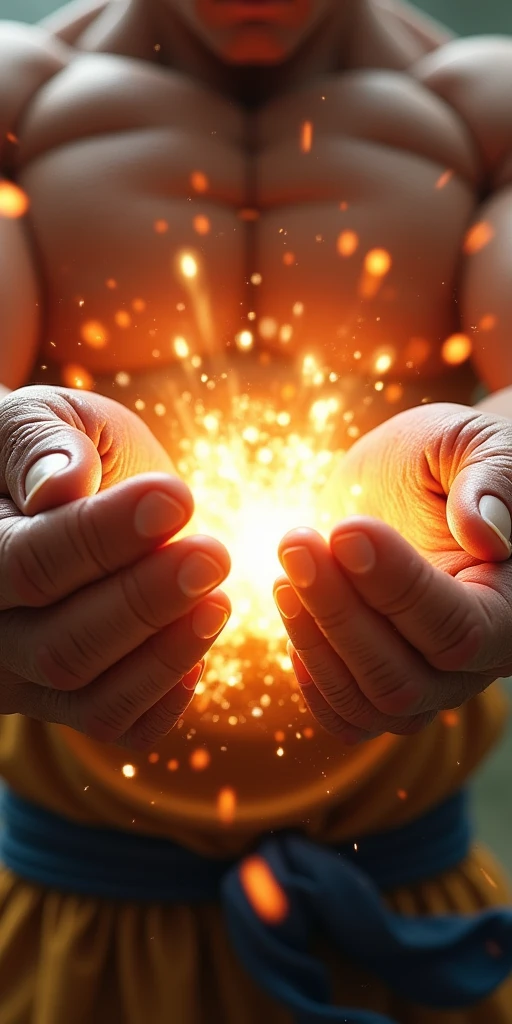 very super close-up image of the hands of Son Goku\(Dragon Ball\(manga\), muscular,shouting,angry\) ,pose of Kamehameha, shooting a beam from hands,realistic art style, generate only hands, screenshot of the action movie,focus on hands