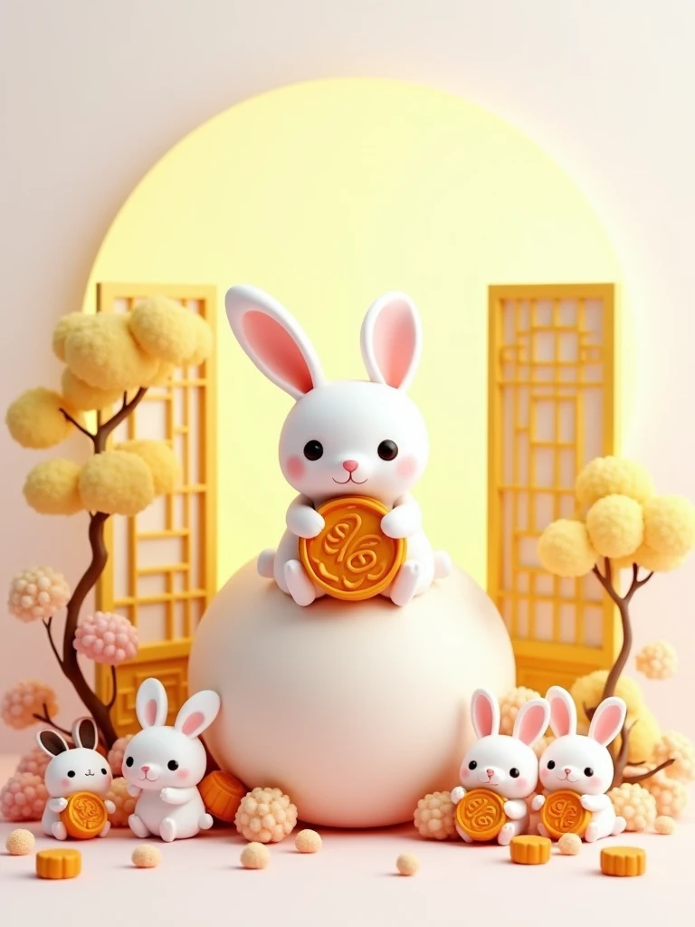 3D illustration of a cute white rabbit sitting on the moon with a moon cake, surrounded by flowers and trees. There is an open yellow window in the style of Asian style in front of it. On a white background, several bunnies are eating Chinese mooncakes. The scene is cartoon-like, with a soft gradient color palette, high resolution, high details, and high quality