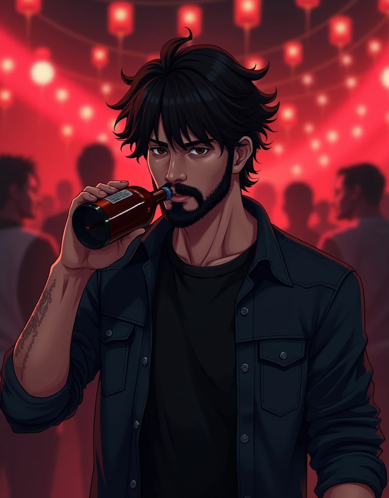 Create a anime style landscape image. Stylized anime style portrait photograph with a dark, moody aesthetic. The layout is vertical, focusing on a single male subject in the center. The man has medium-length, stylish hair that is black color. He has a light to medium skin tone and a thick stylish beard. He is wearing a dark denim shirt over a black t-shirt and is holding a bottle to his mouth, appearing to drink from it. The background is blurred with a reddish hue, featuring indistinct shapes and lights, possibly indicating a crowd or a festive environment. The overall color scheme is dominated by dark reds and blacks, giving the image a dramatic and intense feel.