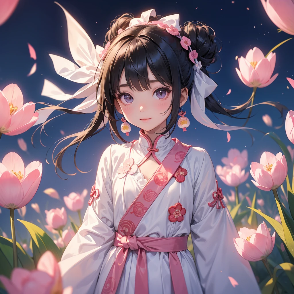 A chibi child girl had a small face and Wearing white little Taoist priest's outfit. A pair of big round eyes shone with curiosity about him. This child was so cute! ,her hair is black with two buns on her hair.small chibi, chibi baby, smiling,The little chibi baby looked up with his chest raised, and his face was old and proud.
Standing in the middle of pink tulip field