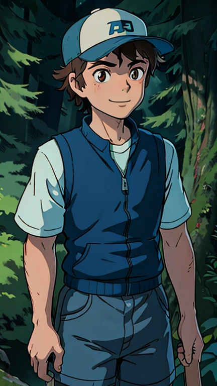 (1boy, dipper_pines), (extremely detailed CG unit 8k wallpaper),(master part), (best quality), (ultra detail), (best illustration),(ghibli style), cowboy shot, (Sharp eyeliner, ombre, detail eyes:1), creepy woods, outdoors , break , (GHIBLI_Background), upper body,  baseball cap, navy blue vest, unzipped, red t-shirt, gray shorts, brown eyes,  smile, looking at you,