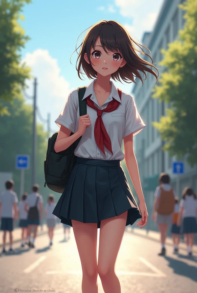 Draw a high school girl wearing a short skirt on her way to school.