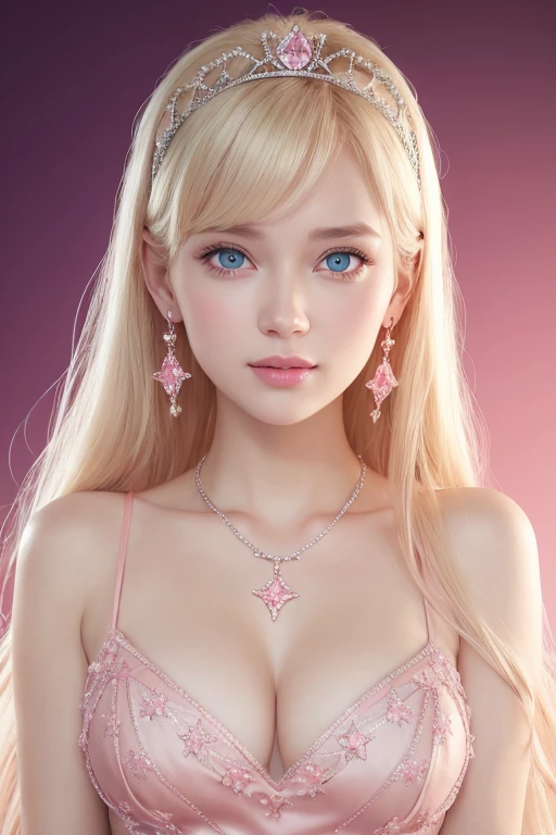 1girl,star blue eye,blush,perfect illumination,upper body,3DMM,blonde hair,long hair,jewelry,gradient pink background,pink dress,earrings,pink dress,realistic,necklace,looking at viewer,tiara,pink lips,light smile,unreal engine,side lighting,detailed face,bangs,bright skin