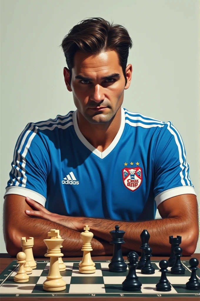 Roger Federer wearing the Cruz Azul shirt playing chess