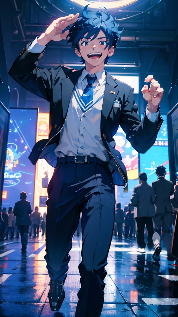 Running around, boy, Ultra-high resolution, Highest quality, High resolution, school uniform, playground, Middle school students, male, One boy, dark blue hair, grin, Surrealism, cinematic lighting, 8K, UHD, super detail, best quality, highres, 16k