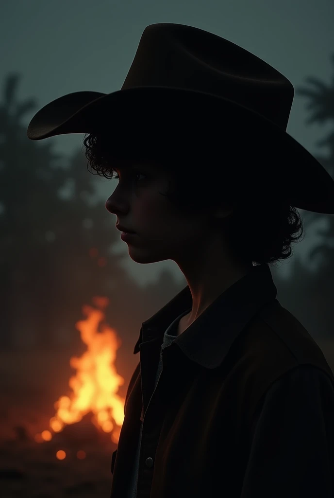 A young cowboy looking forward with his head slightly lowered and only his silhouette visible and his nose slightly protruding from the septum and a slightly pronounced chin with thin lips and medium-long hair that is a little curly thanks to a dim campfire., the same image that you generated only that his face can hardly be seen