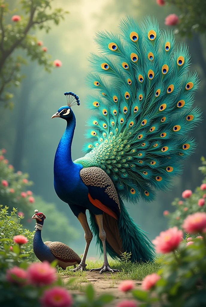 A peacock dancing with peahen image