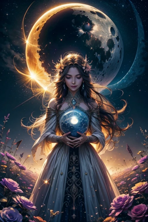 Orb of magician circle around the orb, hand, butterfly, creepy smile, sparkle sky, shining, gust of wind, flowers, sun and moon, dark of fantastic and cosmological with universal. Amazing view very bright and warm starry. Detail, HD, Enchanted. Multiple colours.