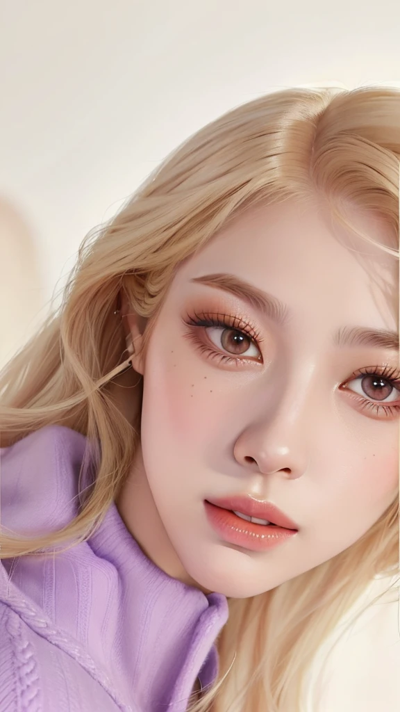 a Close-up of a woman with long blonde hair wearing a purple sweater, Parque Roseanne do Blackpink, cabelos loiros e olhos grandes, Cl, Lalisa Manobal, Retrato de Jossi de Blackpink, linda Delphine, longos cabelos loiros e olhos grandes, maquiagem sul-coreana popular, Sakimichan, tzuyu de duas vezes