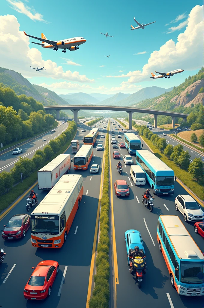 Help create a wide-angle image to use as a teaching aid on group division. The image shows traffic including cars, motorcycles, trucks, buses, and airplanes. (Various types of vehicles ) To enable students to think of multiple criteria for grouping. Image size 4950px. * 7020px