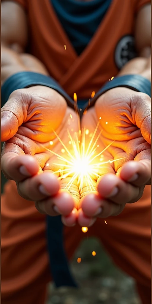 very super close-up image of the hands of Son Goku\(Dragon Ball\(manga\), muscular,shouting,angry\) ,pose of Kamehameha, shooting a beam from hands,realistic art style, generate only hands, screenshot of the action movie,focus on hands