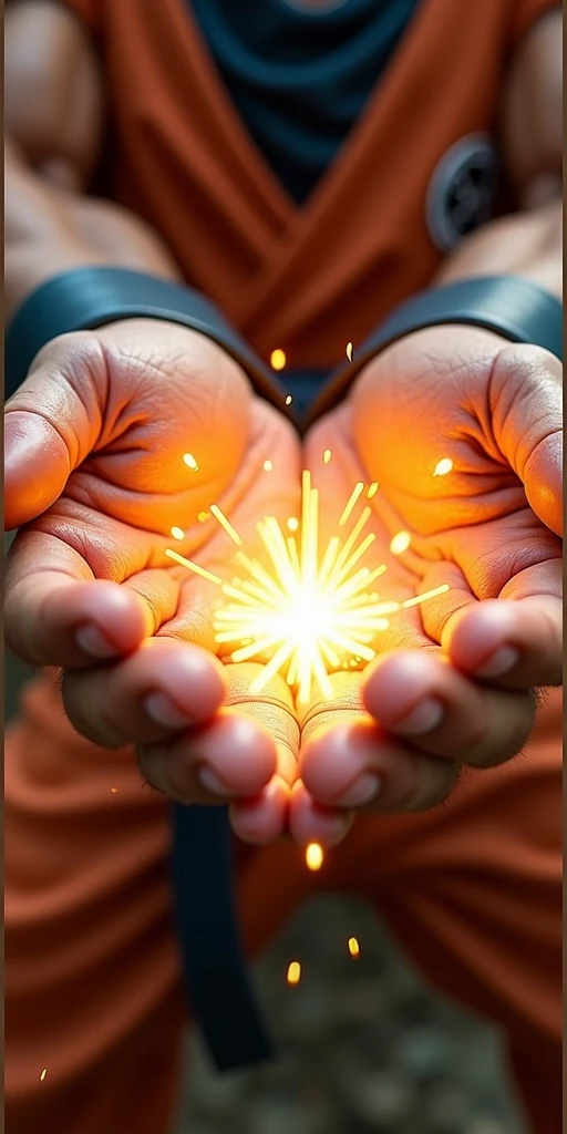 very super close-up image of the hands of Son Goku\(Dragon Ball\(manga\), muscular,shouting,angry\) ,pose of Kamehameha, shooting a beam from hands,realistic art style, generate only hands, screenshot of the action movie,focus on hands