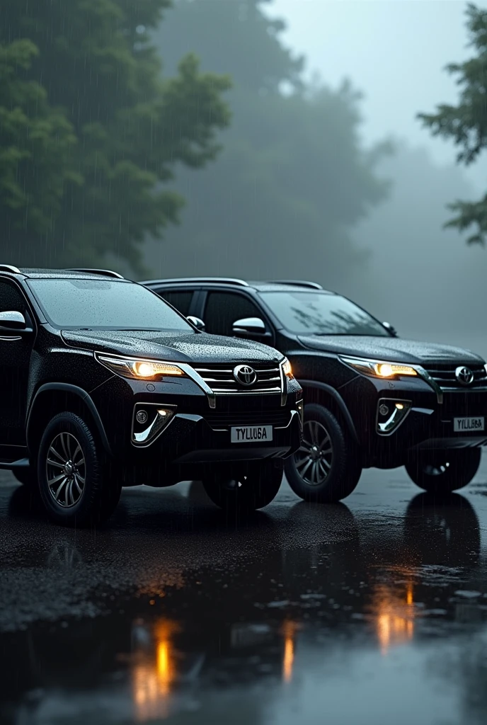 2 black fortuner stand in rainy season 
