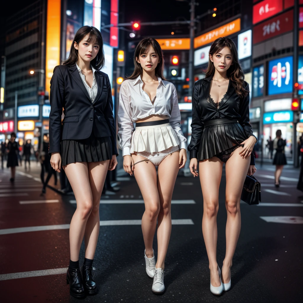 TopQuality 8K UltraDetailed Masterpiece(ProfessionalPHOTO:1.37), ExtremelyDetailed(Business Ladies), Gigantic Cleavage, Detailed Delicate Closing textures, Undressing ((pull down panties:1.28)) ((panty pull)) (wearing skirt:1.28), Dusk {((Shibuya Scramble Crossing)) | Large Screen | Unbuttoned White Shirt | Blood Stained (white panties) | Red Shoes}, (Acutance:0.8)(Luminism:1.2), Blurrd Colorful Lights, Starry Particles ,