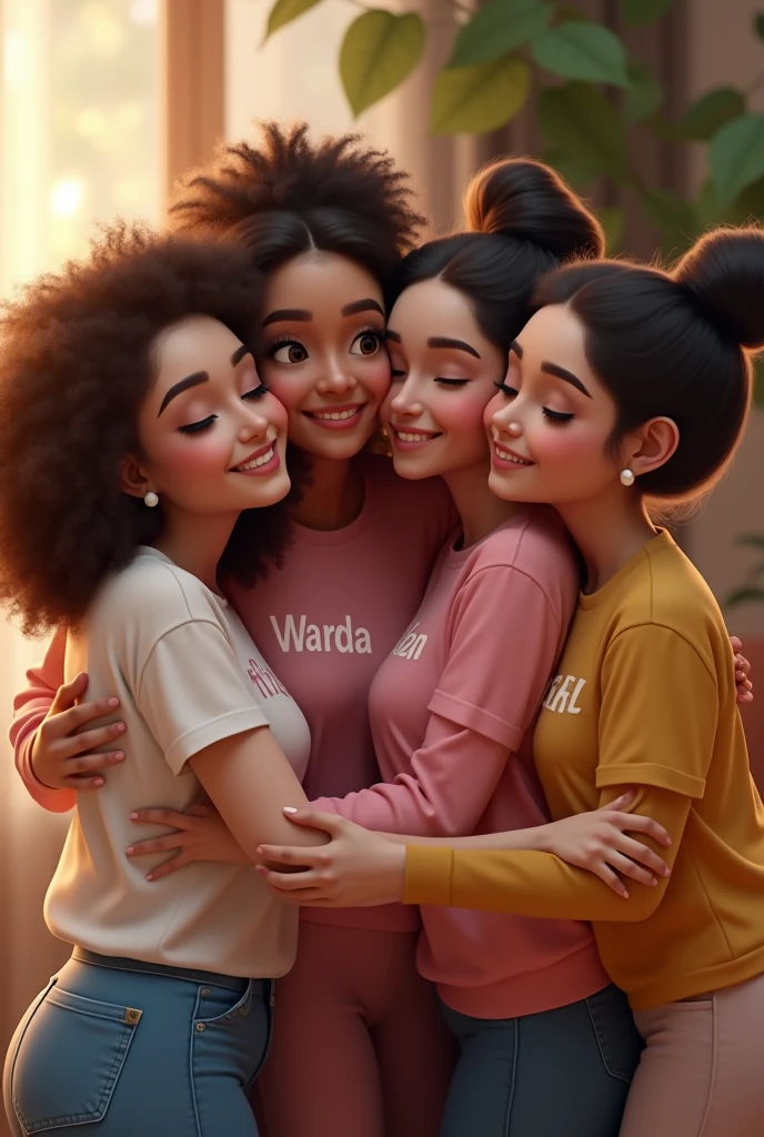 4 female best friend written name on their shirt warda , fiza, muskan, kashaf hug each other