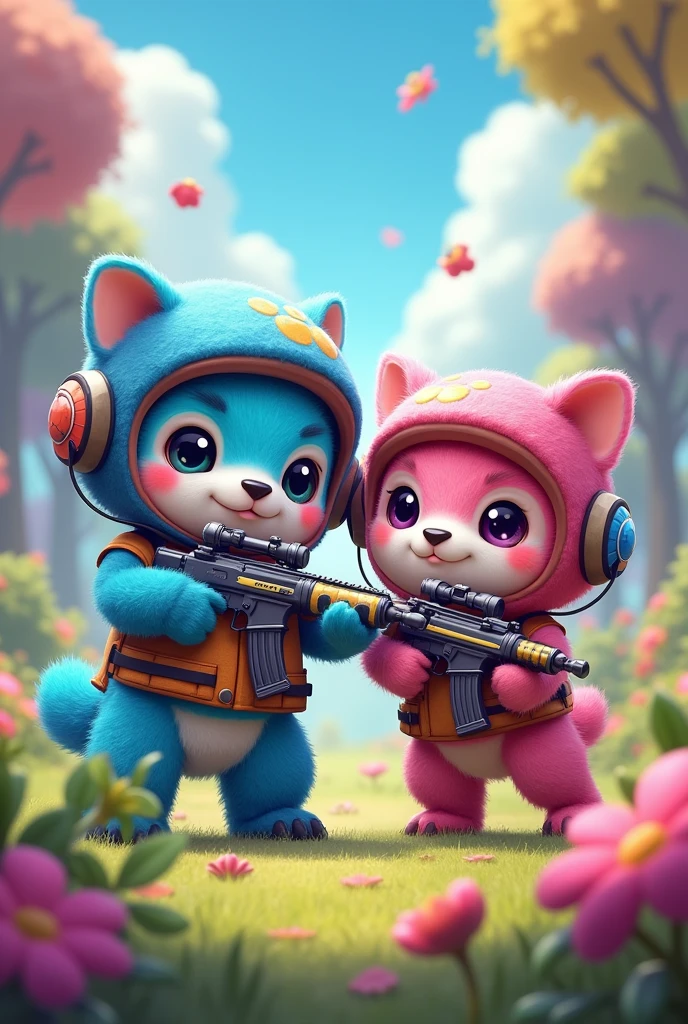 Image of two furry creatures ,colorful and cute playing free fire with helmet vest and weapons 