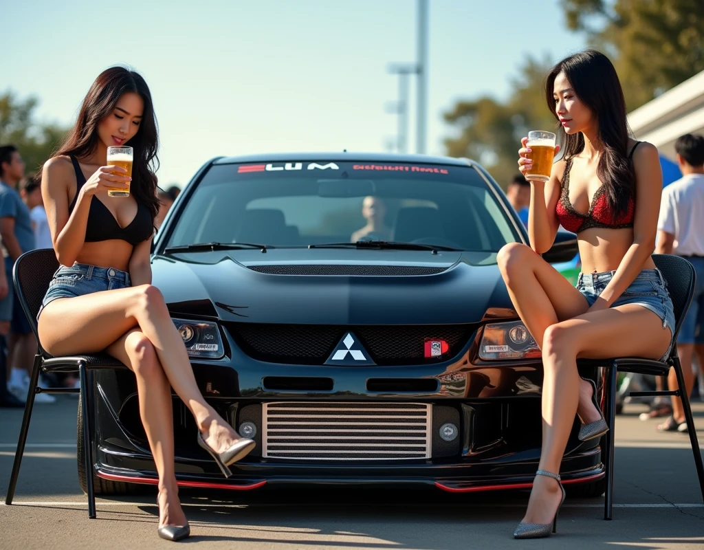 A visually stunning and cinematic photograph of two beautiful Asian girls, exuding confidence and sexy big breast and big ass appeal, sitting on chairs and sipping beers by a modified Mitsubishi Evolution at a bustling car show. The girls, dressed in shorts and crop tops, create a striking contrast against the meticulously modified JDM car. The vehicle's ultra-black paint glistens under the vibrant daylight, complementing the matte finish of the carbon fiber hood. The bold, red LED headlights cut through the surroundings, and the car's aggressive stance is accentuated by its coilover low suspension. Custom carbon fiber elements, such as the splitter and upgraded bumper, add a touch of elegance. The photographer's expert use of HDR techniques captures every detail of the car's high-performance modifications, creating an artistic masterpiece that will captivate viewers.