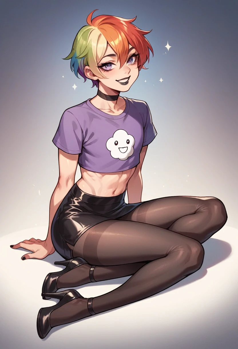 A young man, femboy, thin and delicate body, short hair, hair between eyes, rainbow hair, purple mini sweatshirt, lgbt, mini skirt, long tights, heels, black lipstick, sitting sexually, smile, flirtatious, 