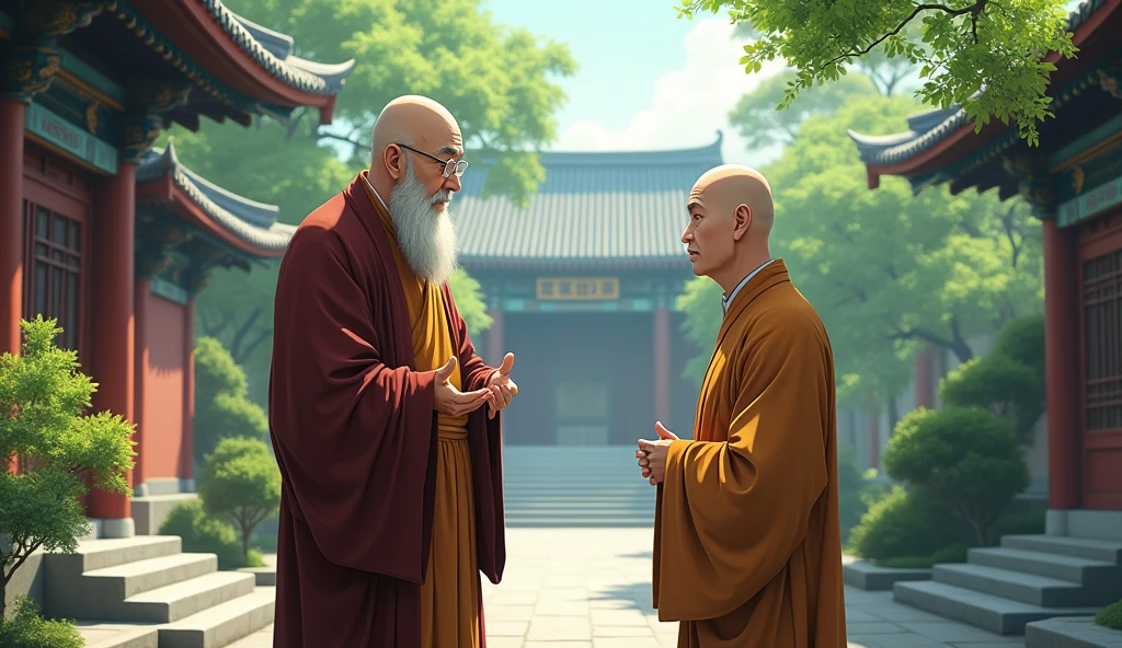 Chinese bald monk sensei talking to his old bald desciple, standing, in anime style, beautiful scenario, temple's, trees, wisdom full,
