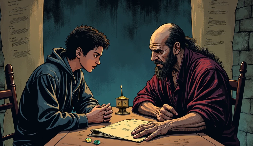 Shakuni, seated in a dimly lit chamber, his twisted legs stretched out before him, leans forward to speak to a young apprentice. The apprentice, dressed in simple yet dark attire, listens intently, eyes sharp and focused, mirroring Shakuni's own calculating gaze. The room is filled with ancient scrolls and the infamous bone dice resting on a table between them. Shadows dance across the stone walls, hinting at the dark knowledge and cunning being passed from master to pupil in comic style