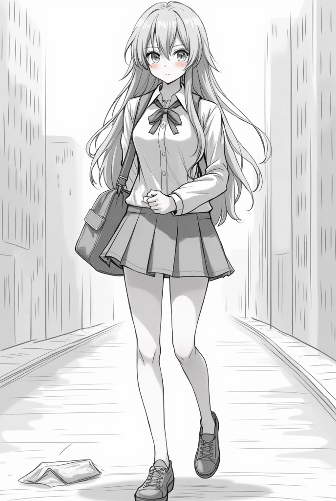 Draw a high school girl wearing a short skirt on her way to school when suddenly her panties fall down.