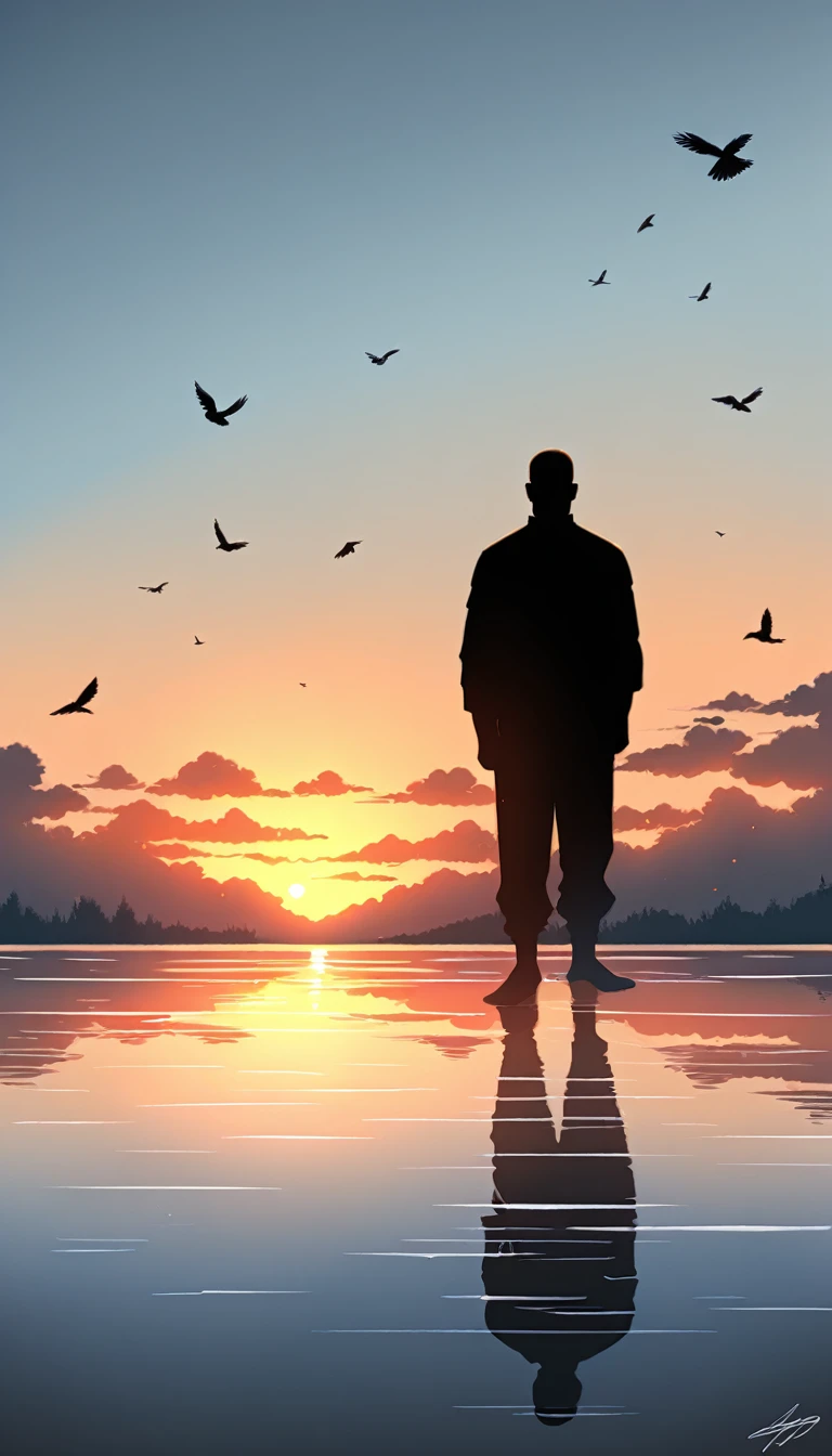 A man in a black bodysuit stands in the smoke, Priapus, Dark Black, Dark black skin, Buzz Cut, His muscles are very developed, Very tall, short hair, Blend into the smoke, Lake, Reflection, Sunset, Sunset, Bird, plum bossom, Man silhouette, Chinese, black and white, Simple style